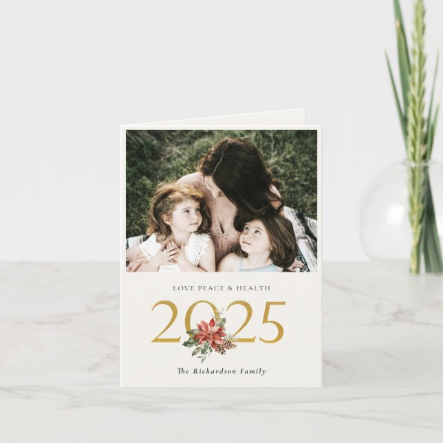 Love Peace Health Poinsettia Bunch Gold 2025 Photo Holiday Card (Front)