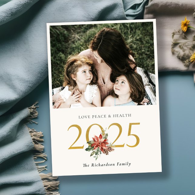 Love Peace Health Poinsettia Bunch Gold 2025 Photo Holiday Card (Creator Uploaded)