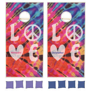 Love Peace Hippie Boho Fun Pink Blue Tie Dye Name Cornhole Set