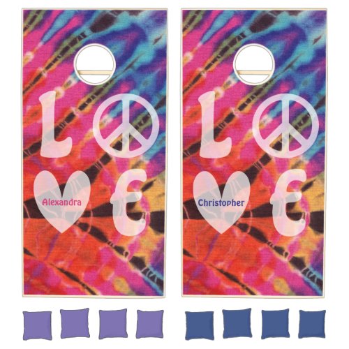 Love Peace Hippie Boho Fun Pink Blue Tie Dye Name Cornhole Set