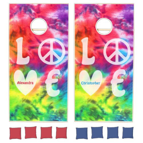 Love Peace Hippie Boho Fun Rainbow Tie Dye Name Cornhole Set
