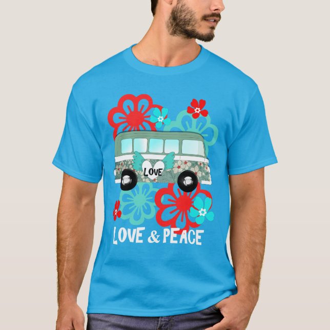 Love & Peace Hippie Flowery Camper Van Fun Graphic T-Shirt (Front)