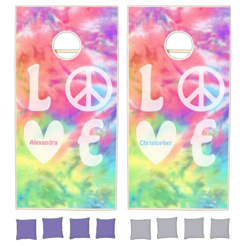 Love Peace Hippie Fun Pastel Rainbow Tie Dye Name Cornhole Set