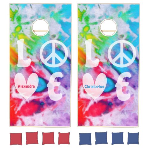 Love Peace Hippie Watercolor Rainbow Tie Dye Name Cornhole Set