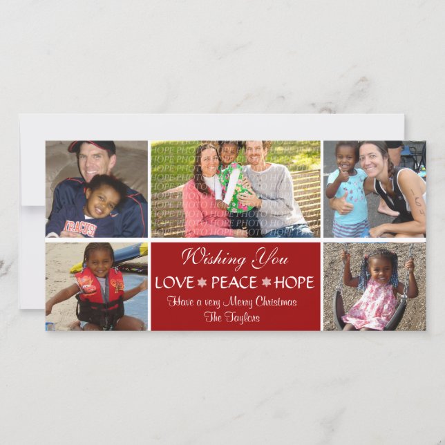 Love, Peace, Hope Photo Christmas Card (RED) (Front)