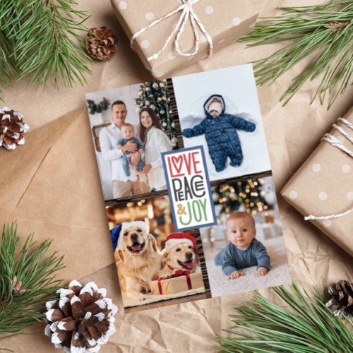 Love Peace  Joy add your photos Rustic Wood Holiday Card