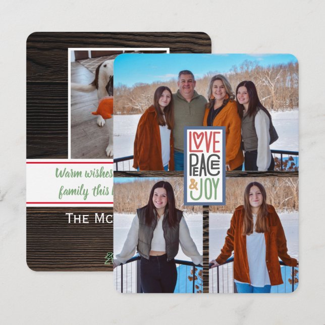 Love Peace & Joy (add your photos) Rustic Wood Holiday Card (Front/Back)