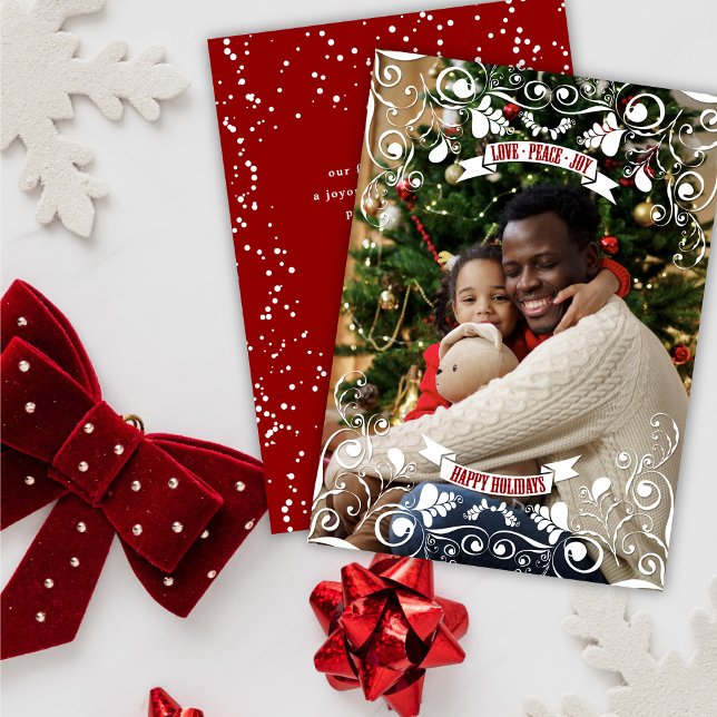 Love Peace Joy Art Nouveau Floral Flourish Photo Holiday Card (Creator Uploaded)