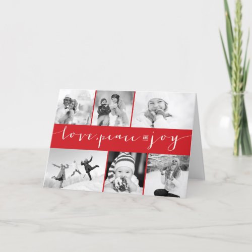 Love Peace Joy Calligraphy Modern 6 Photo Collage Holiday Card