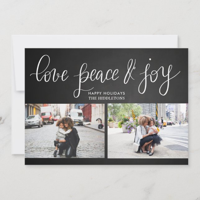 Love Peace Joy Chalkboard Holiday Script Two Photo Card (Front)
