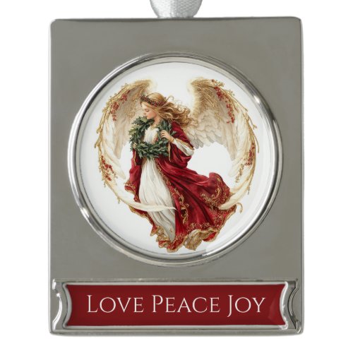 Love Peace Joy Christmas Angel Silver Plated Banner Ornament