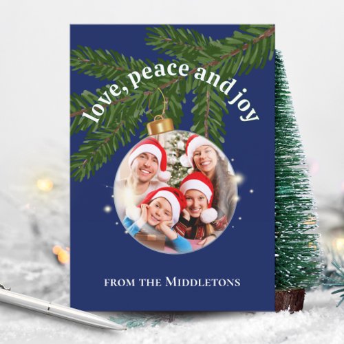 Love Peace Joy Christmas Arch Photo Navy Blue Holiday Card