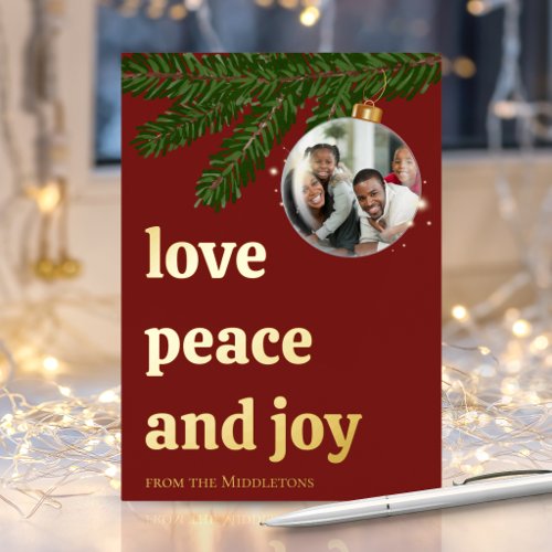Love Peace Joy Christmas Burgundy Red Gold Foil Holiday Card