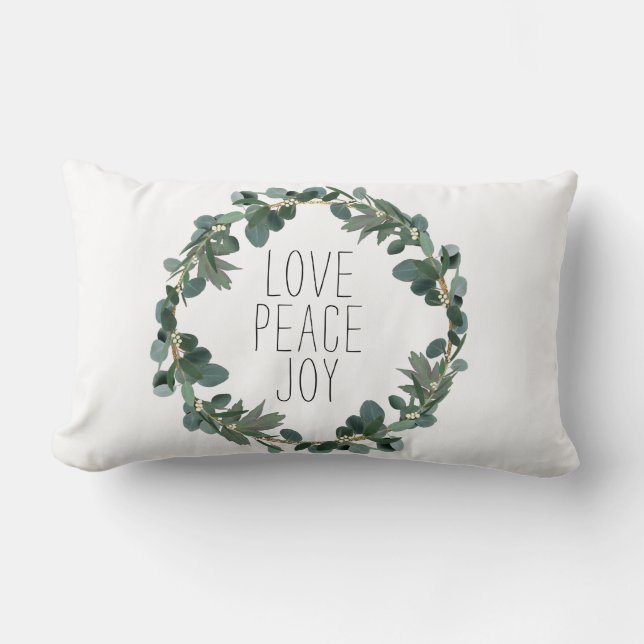 Love Peace Joy Christmas Eucalyptus Berry Wreath Lumbar Pillow (Front)