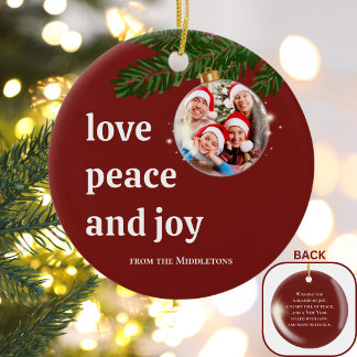Love Peace Joy Christmas Family Photo Burgundy Red Ceramic Ornament