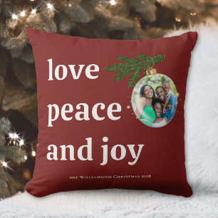 Love Peace Joy Christmas Family Photo Burgundy Red Throw Pillow