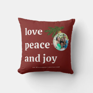 Love Peace Joy Christmas Family Photo Burgundy Red Throw Pillow