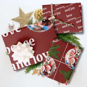Love Peace Joy Christmas Family Photo Burgundy Wrapping Paper Sheets