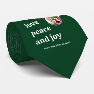 Love Peace Joy Christmas Family Photo Forest Green Neck Tie