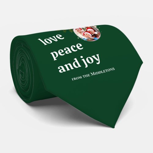 Love Peace Joy Christmas Family Photo Forest Green Neck Tie