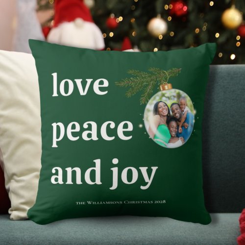 Love Peace Joy Christmas Family Photo Forest Green Throw Pillow