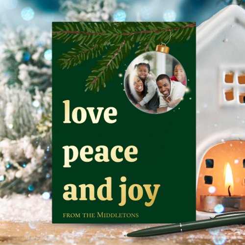 Love Peace Joy Christmas Forest Green Gold Foil Holiday Card
