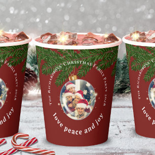 Love Peace Joy Christmas Party Photo Burgundy Red Paper Cups