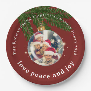 Love Peace Joy Christmas Photo Burgundy Red Round Paper Plates