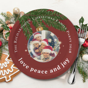 Love Peace Joy Christmas Photo Burgundy Red Round Paper Plates