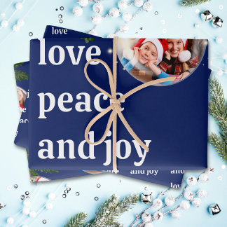 Love Peace Joy Christmas Photo Evergreen Navy Blue Wrapping Paper Sheets
