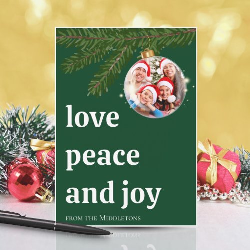 Love Peace Joy Christmas Stacked Photo Deep Green Holiday Card