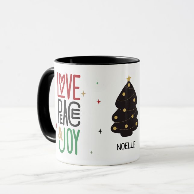 Love, Peace, & Joy Christmas Tree Mug (Front Left)