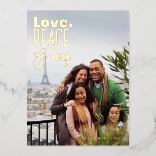 Love Peace Joy Family Foil Holiday Photo Postcard