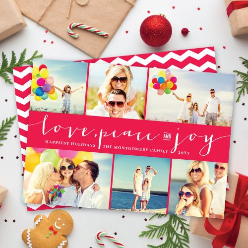 Love Peace Joy Fuchsia Band Modern Photo Collage Holiday Card