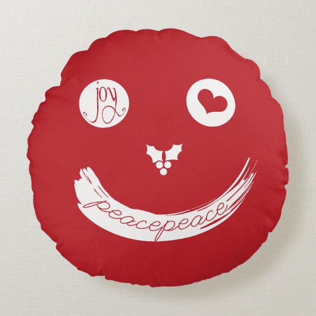 Love Peace Joy Funny Smiley Face Holiday Christmas Round Pillow (Front)