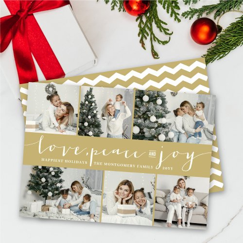Love Peace Joy Gold Band Modern 6 Photo Collage Holiday Card