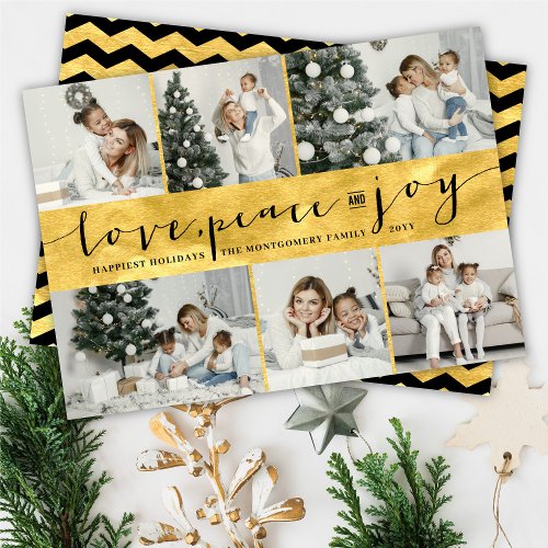 Love Peace Joy Golden Band Stylish 6 Photo Collage Holiday Card