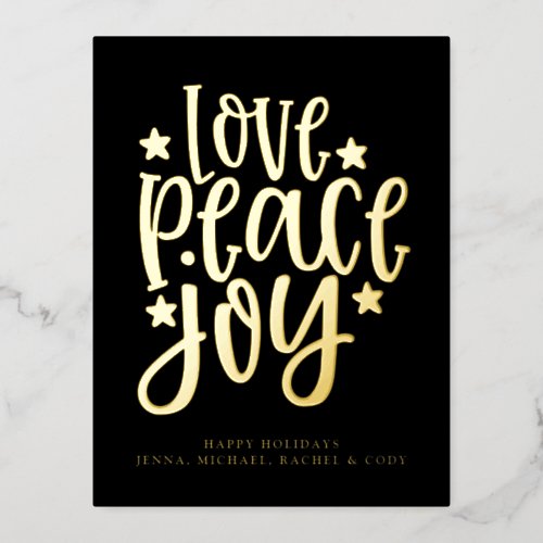 LOVE PEACE JOY  Happy Holidays Foil Holiday Postcard