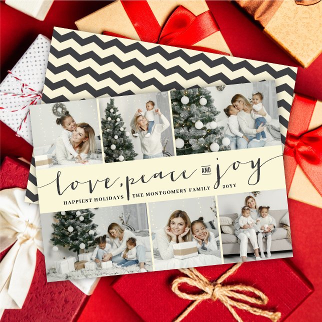 Love Peace Joy Ivory Band Modern 6 Photo Collage Holiday Card (Creator Uploaded)