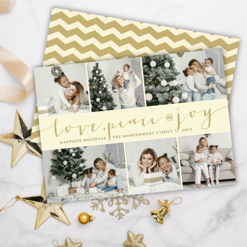 Love Peace Joy Ivory Gold Modern 6 Photo Collage Holiday Card