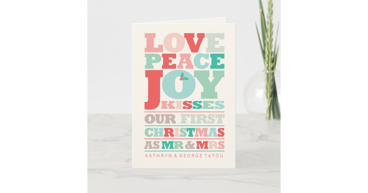 Love Peace Joy Kisses Color Typography Christmas Holiday Card | Zazzle