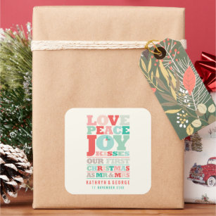 Love Peace Joy Kisses Color Typography Christmas Square Sticker