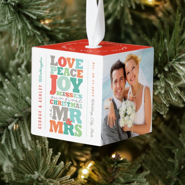 Love Peace Joy Kisses Mr & Mrs 1st Christmas Photo Cube Ornament (Tree)