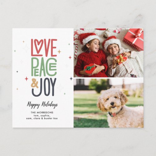 Love Peace Joy Modern Typography 2 Photo Holiday Postcard