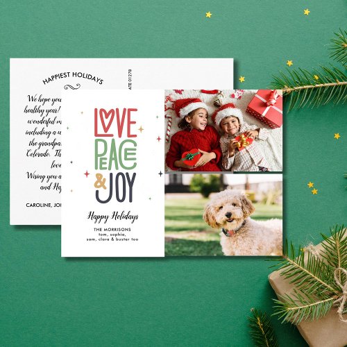 Love Peace Joy Modern Typography 2 Photo Holiday Postcard