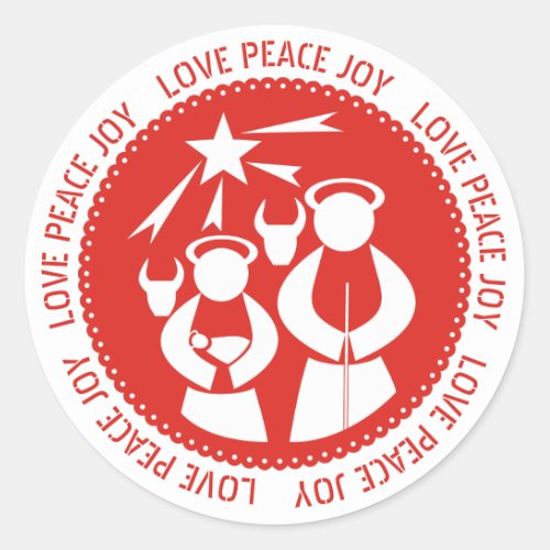 Love Peace Joy Nativity Scene red Christmas Classic Round Sticker