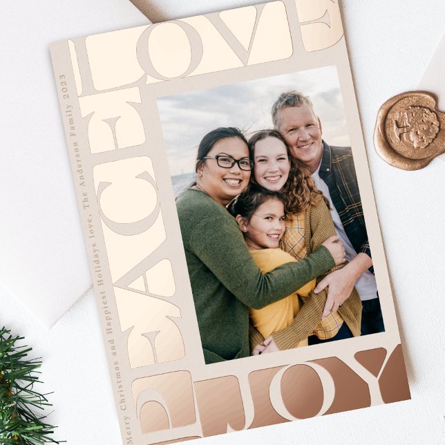 LOVE PEACE JOY one photo frame blush rose gold Foil Holiday Card (Creator Uploaded)