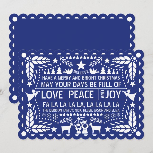 Love, Peace, Joy papel picado Blue Christmas Holiday Card (Front/Back)