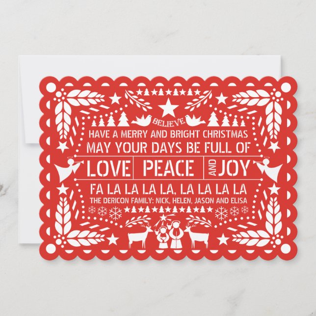 Love Peace, Joy papel picado red Christmas Holiday Card (Front)