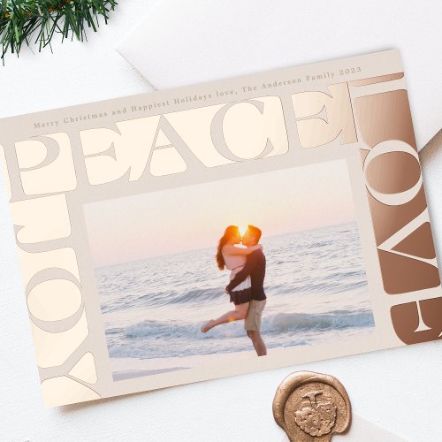 LOVE PEACE JOY photo frame blush rose gold Foil Holiday Card
